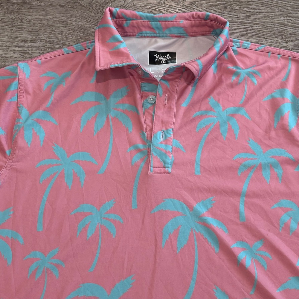 Waggle Golf Polo Mens Large Pink Blue Palm Tree Tropical Pattern Stretch Preppy